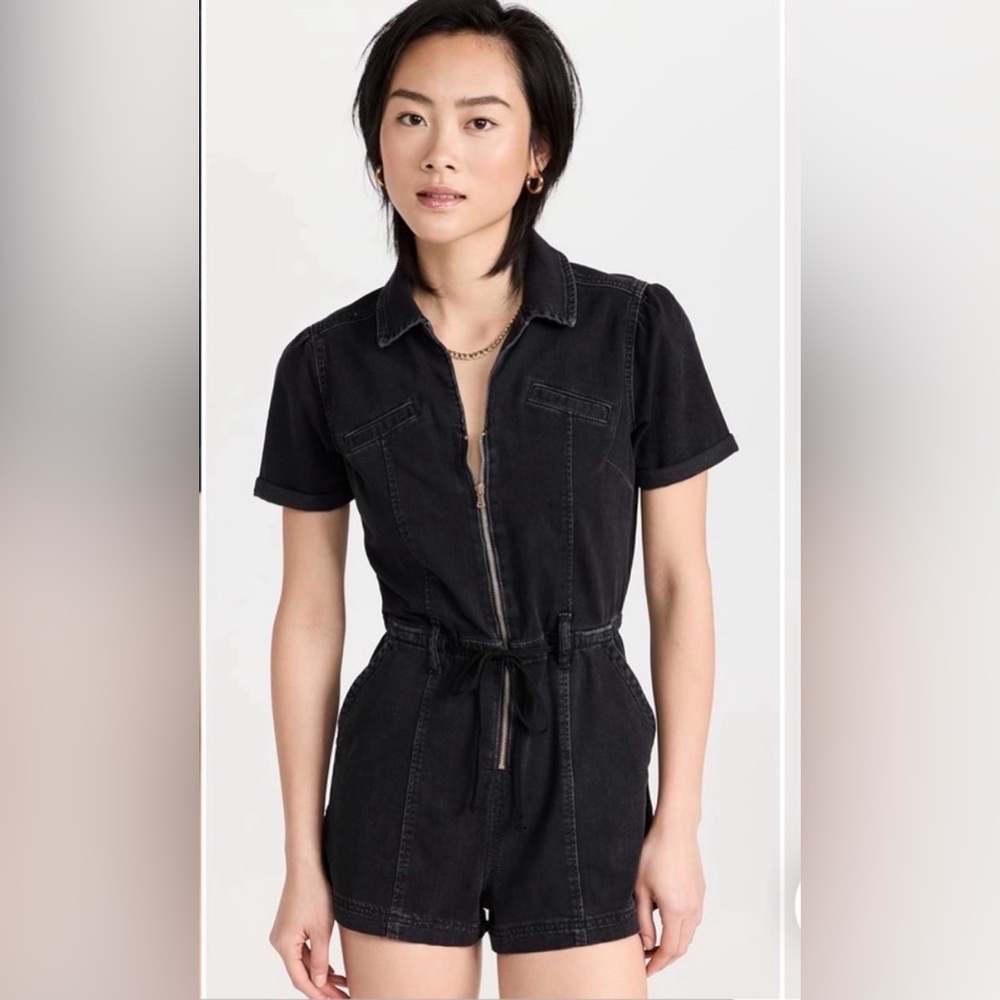 PAIGE Black Short-Sleeve Denim Romper with Zip Front